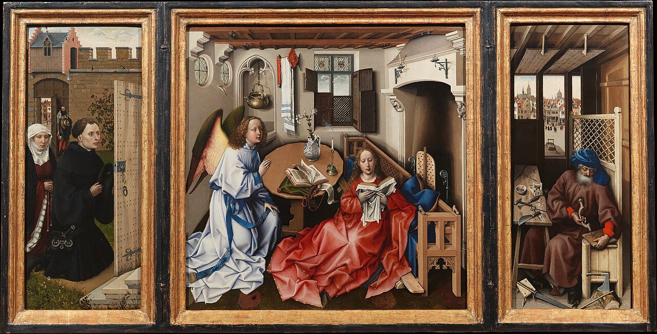 Robert Campin, Merode Altarpiece: light enters an interior during the Annunciation.