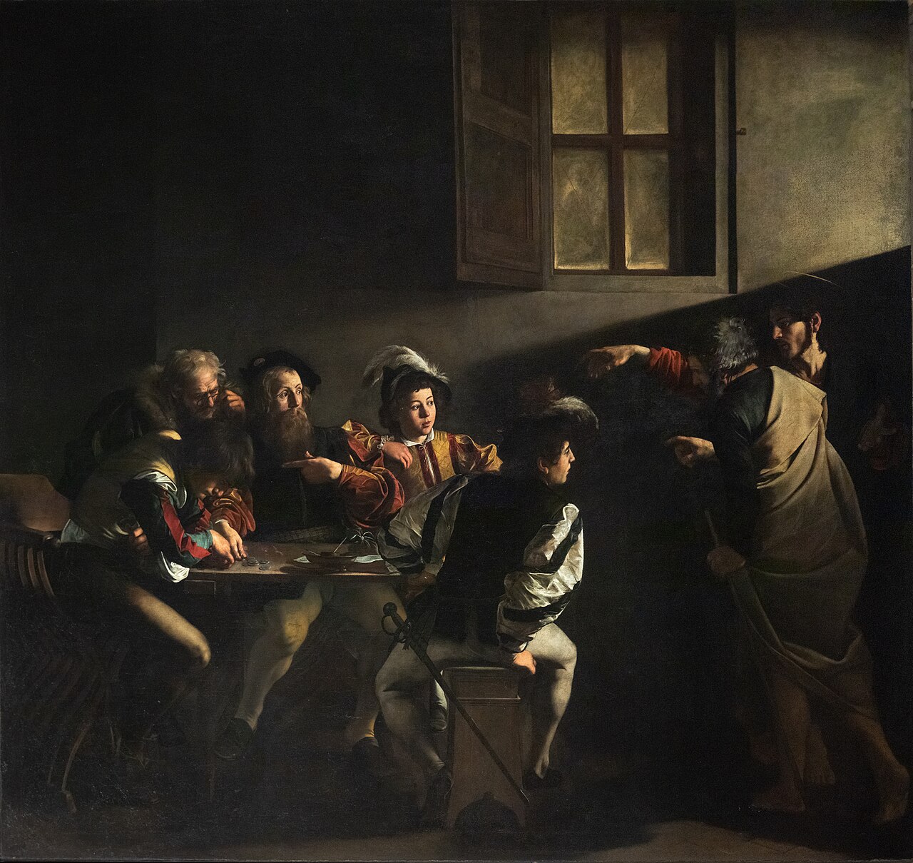 Caravaggio, The Calling of Saint Matthew: a diagonal shaft of light enters a dark room and strikes the figures at a table.