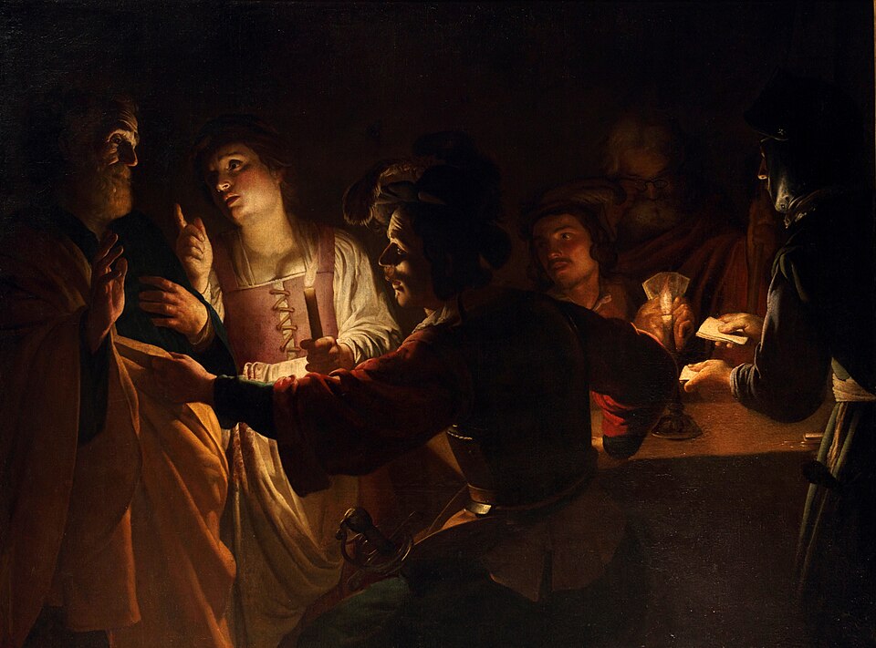 Honthorst, The Denial of Saint Peter: candlelight cuts faces out of darkness.