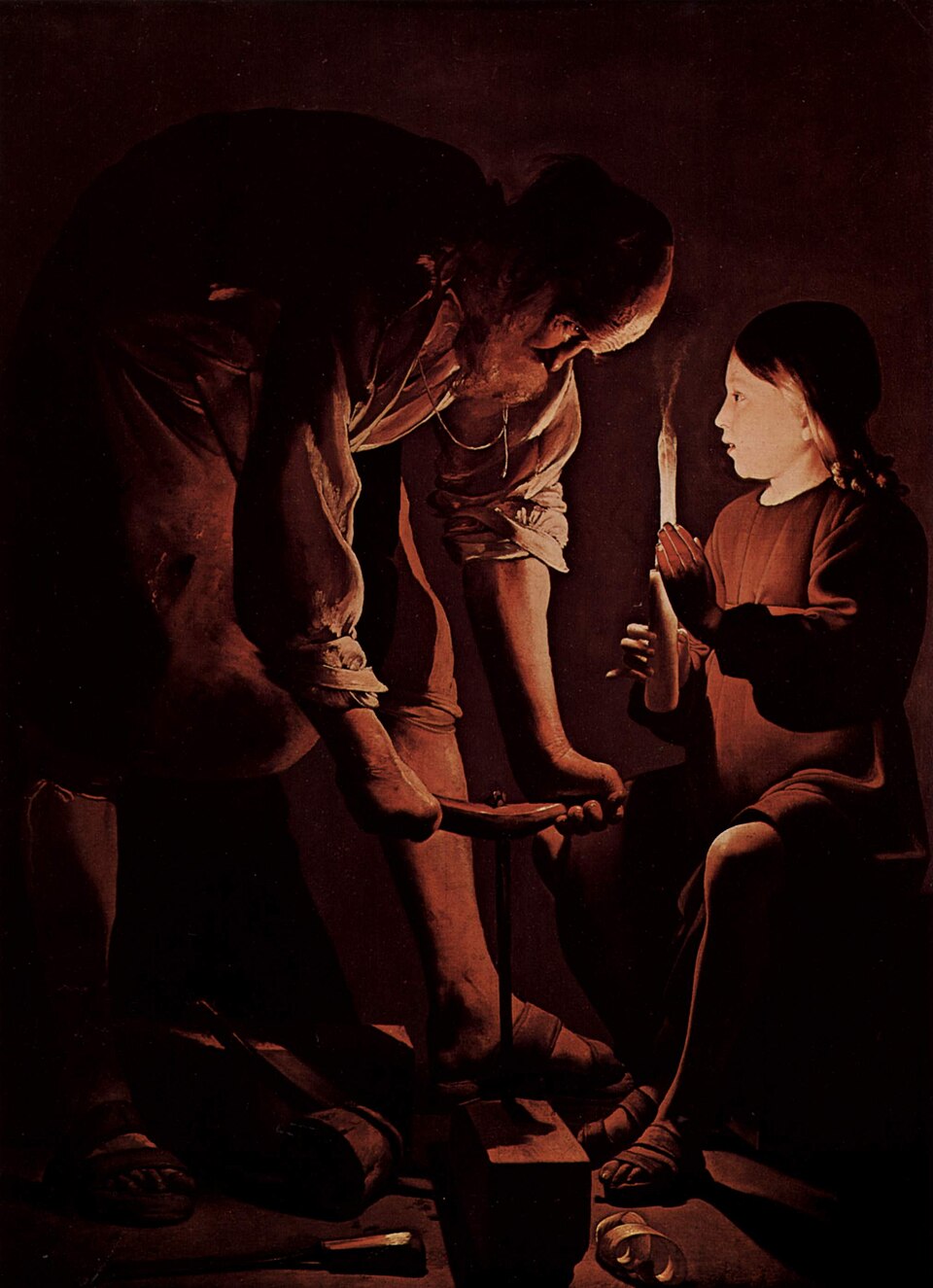 Georges de La Tour, Joseph the Carpenter: candlelight illuminates the face and hands.