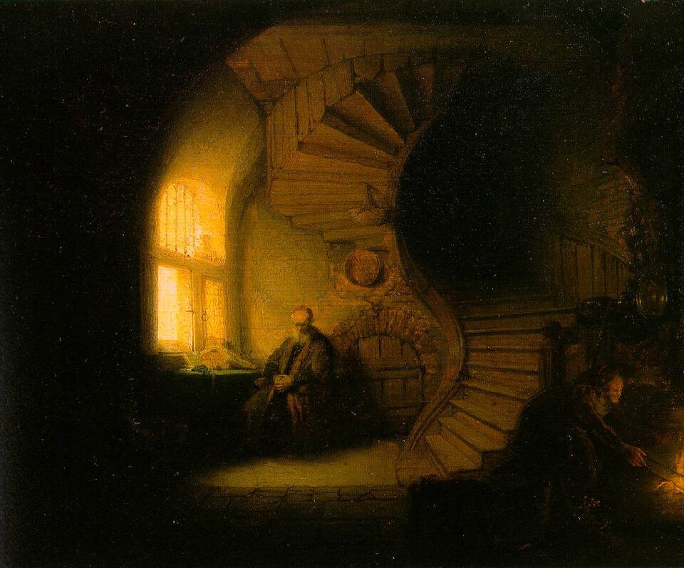 Rembrandt, Philosopher in Meditation: window light and a spiral stair create an inward dark room.