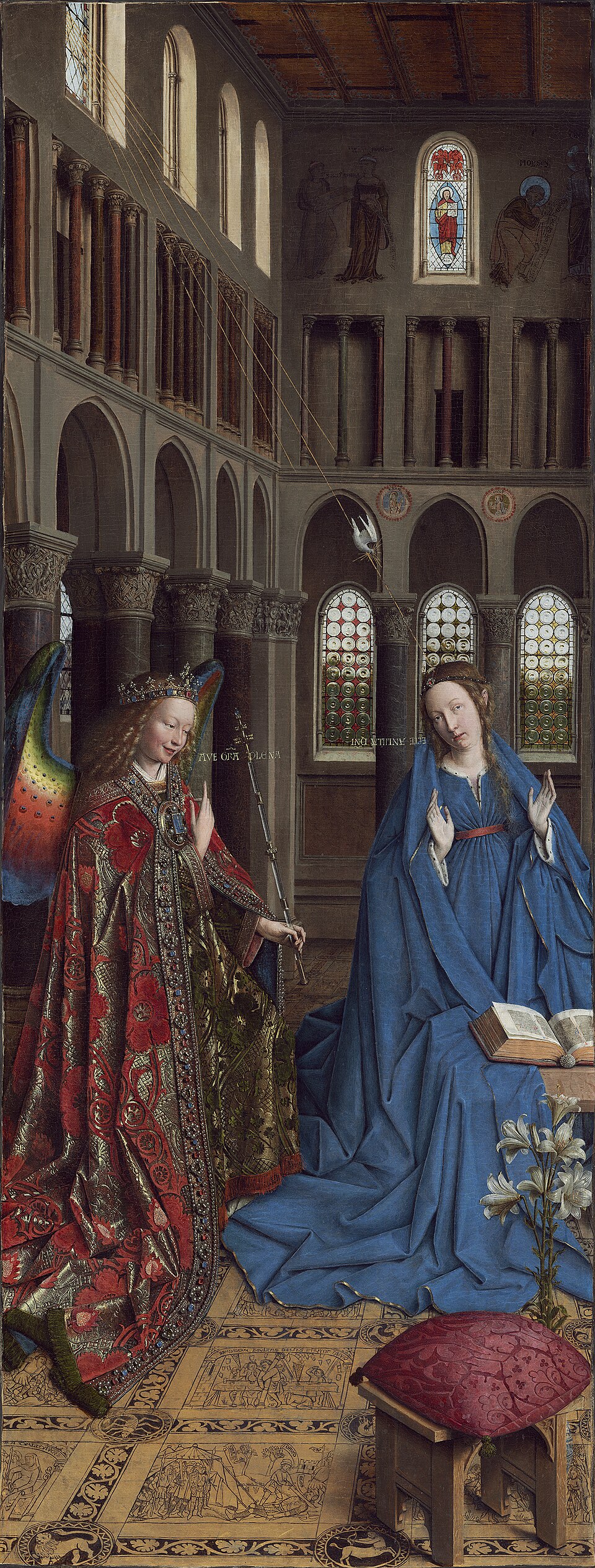 Jan van Eyck, The Annunciation: angel, Virgin, architecture, and light organized as a vertical chamber.