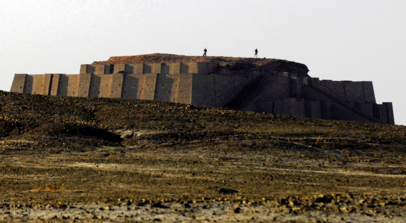 The Great Ziggurat of Ur: a stepped earthen mass occupying the landscape.