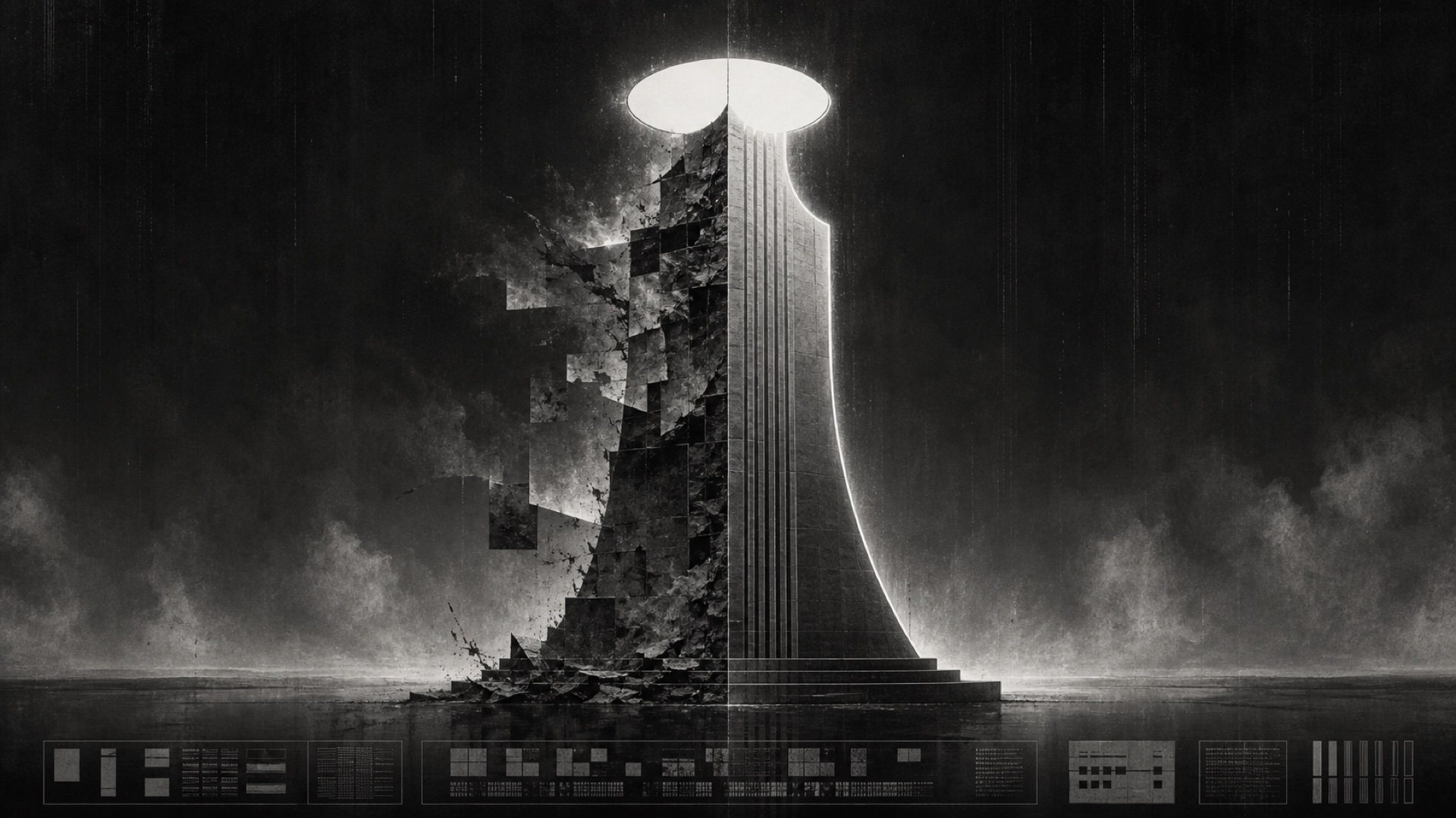 Black-and-white noir poster: four vertical columns of smoke and fractured strata, the first three breaking upward into torn film panels, the rightmost completing a clean ascent toward an oval light above; rain-like vertical scratches across the frame; terminal-like glyph blocks along the bottom; abstract noir style, no text, no figures.