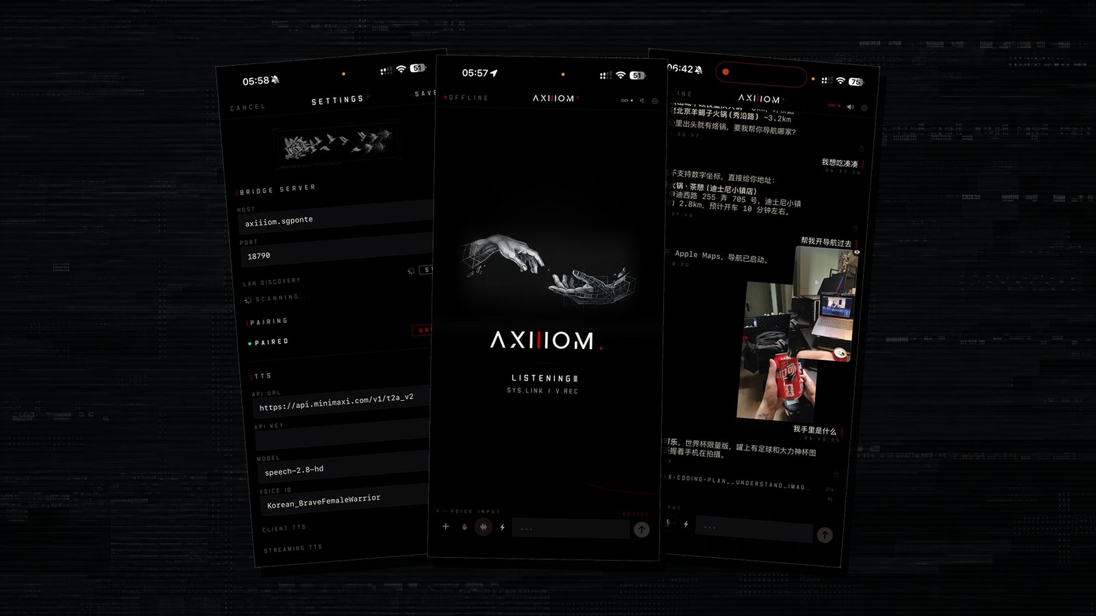 AXIOM-Synapse iOS triptych - Settings bridge config, LISTENING home screen with Michelangelo's touching hands, Chat in action with navigation and vision