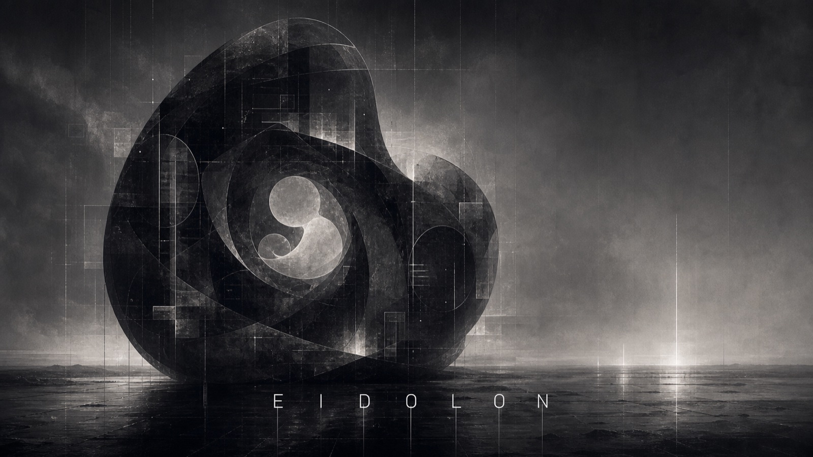 EIDOLON - a giant organic geometric body floating over a fog-colored plain, a faint eye at the center, EIDOLON below