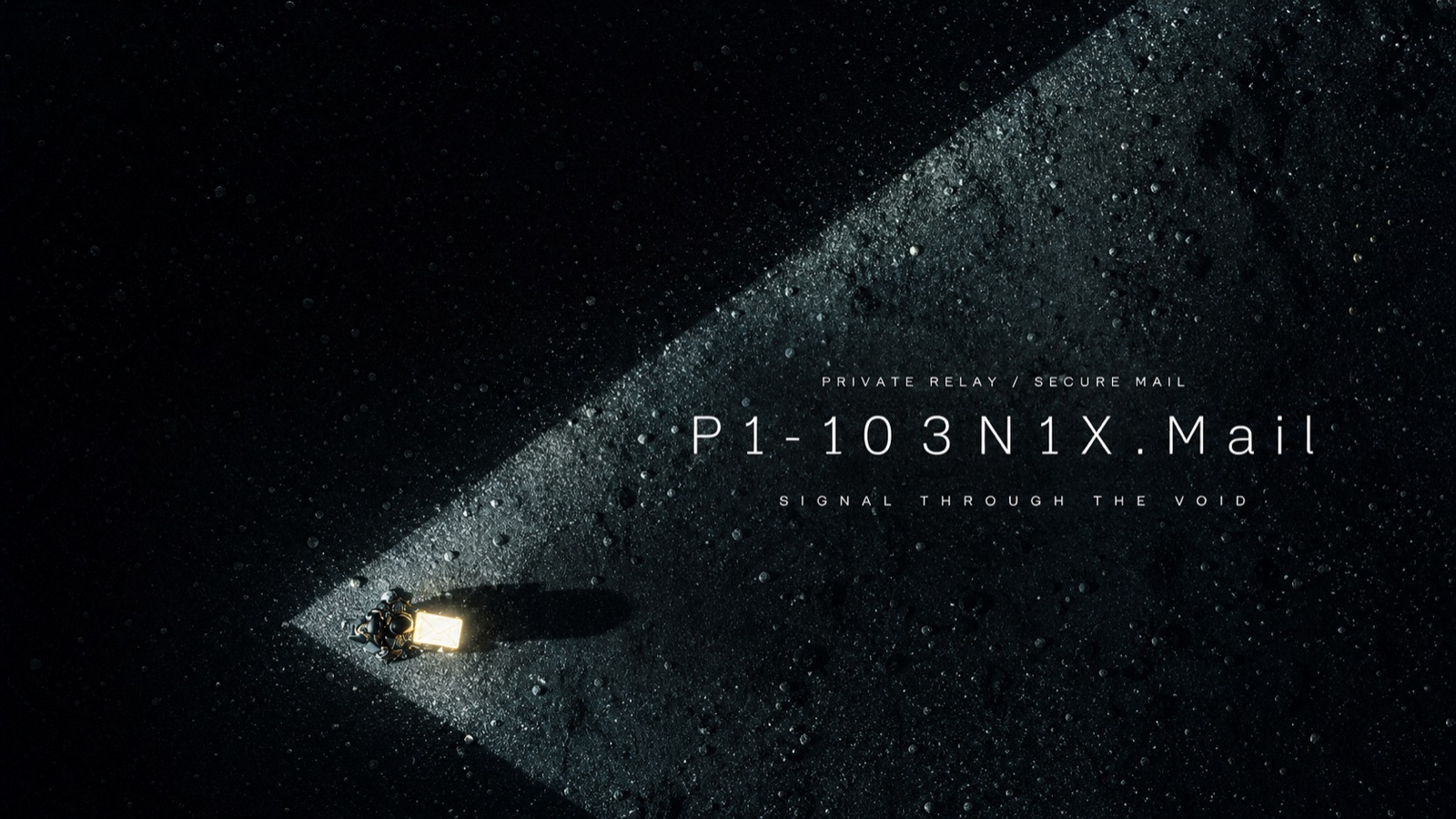 P1-103N1X Mail - a slant of light over a luminous mailbox on deep-space ground, SIGNAL THROUGH THE VOID